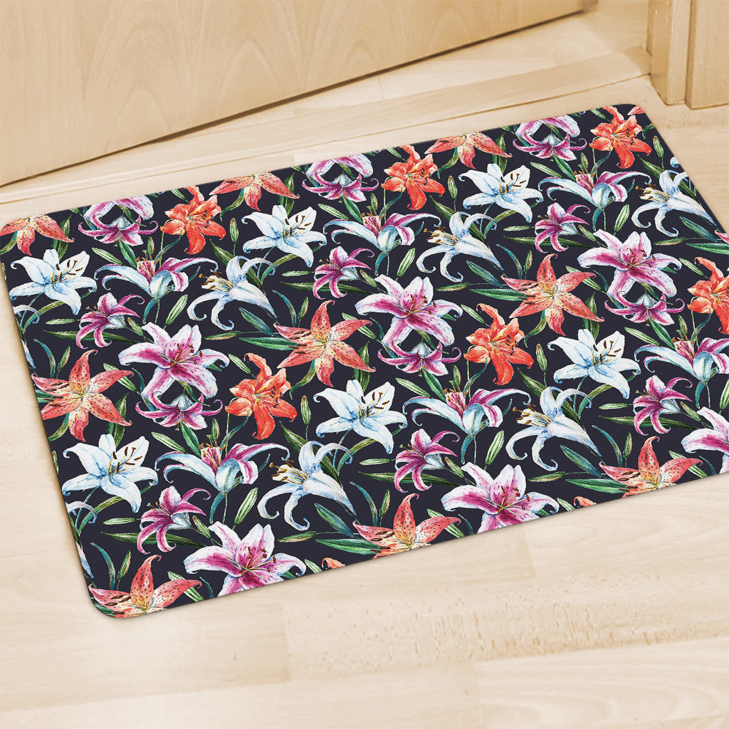 Watercolor Lily Flowers Pattern Print Polyester Doormat