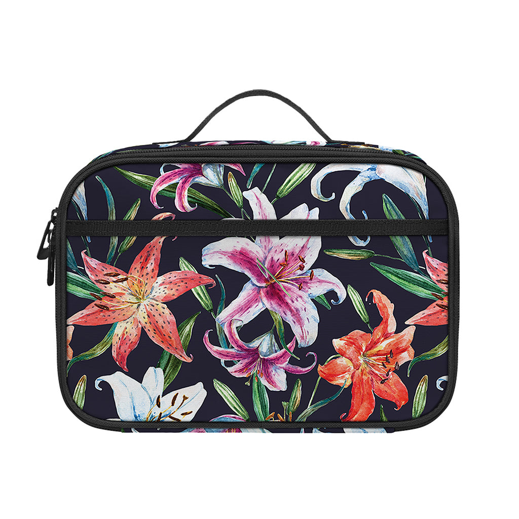 Watercolor Lily Flowers Pattern Print Portable Lunch Bag