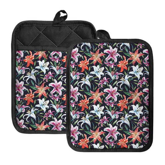 Watercolor Lily Flowers Pattern Print Pot Holders With Pocket