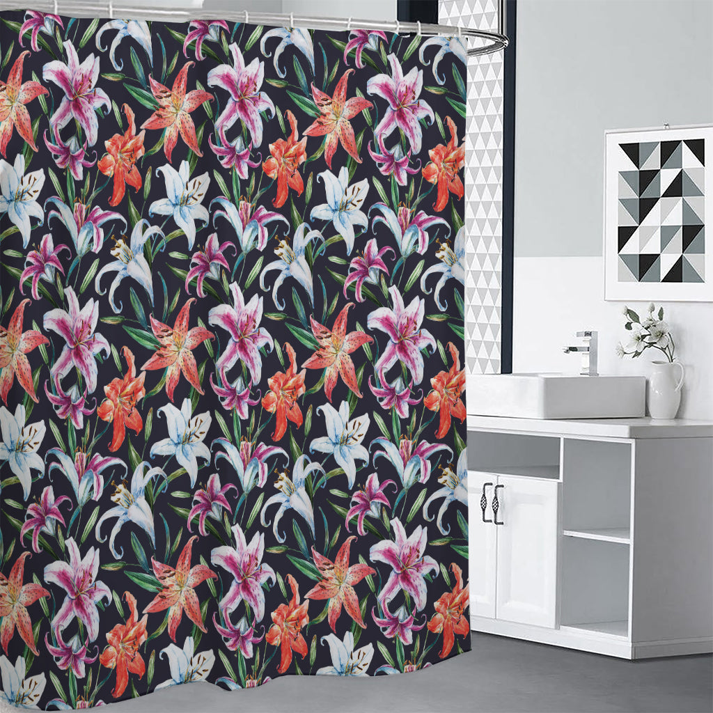 Watercolor Lily Flowers Pattern Print Premium Shower Curtain