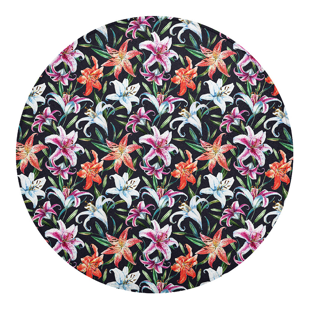 Watercolor Lily Flowers Pattern Print Round Blanket