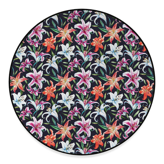 Watercolor Lily Flowers Pattern Print Round Floor Mat