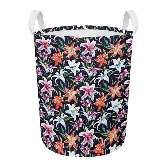 Watercolor Lily Flowers Pattern Print Round Laundry Basket