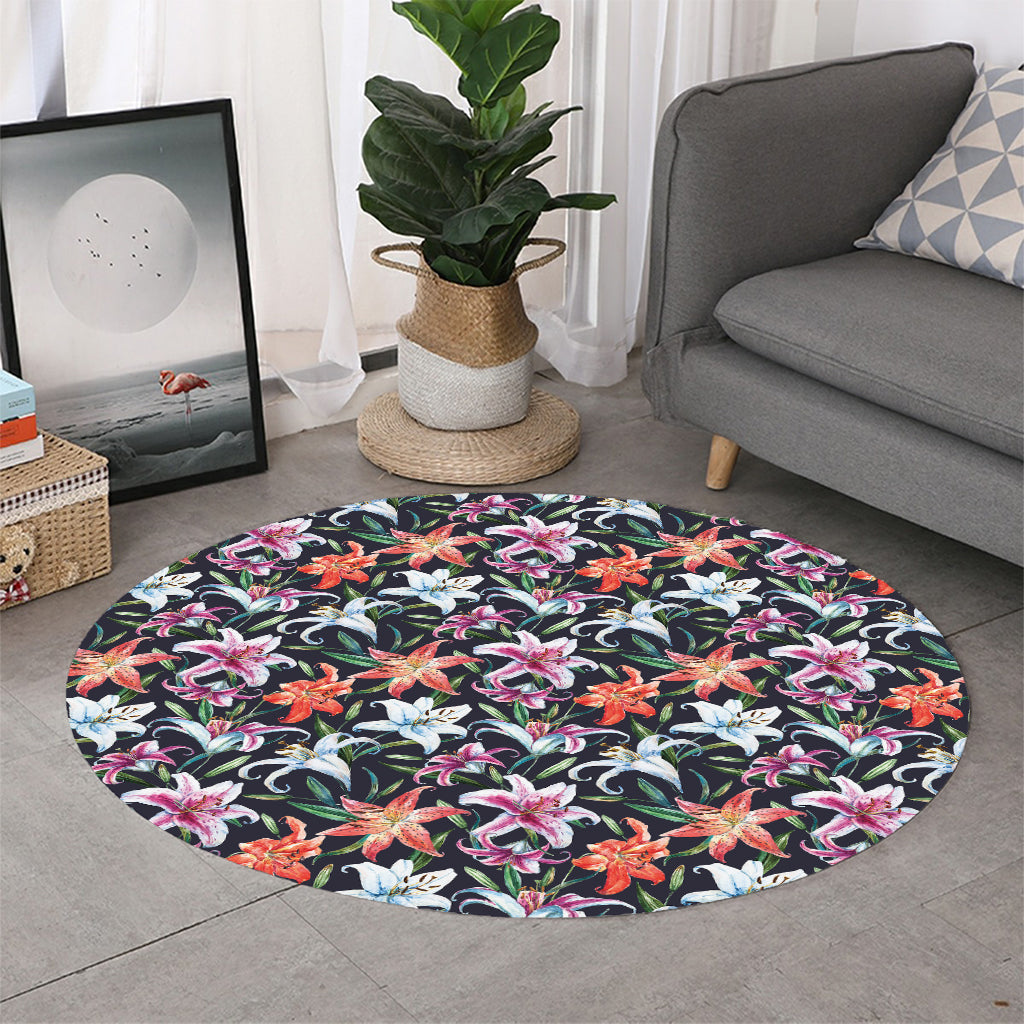 Watercolor Lily Flowers Pattern Print Round Rug