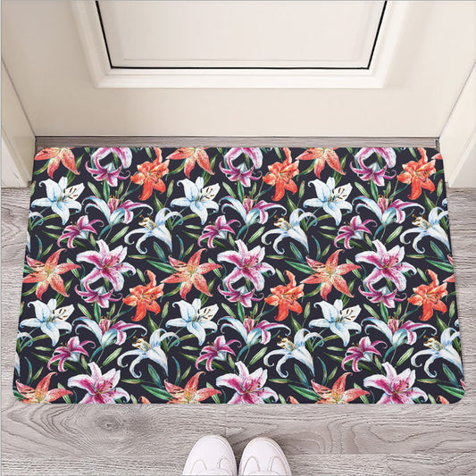 Watercolor Lily Flowers Pattern Print Rubber Doormat