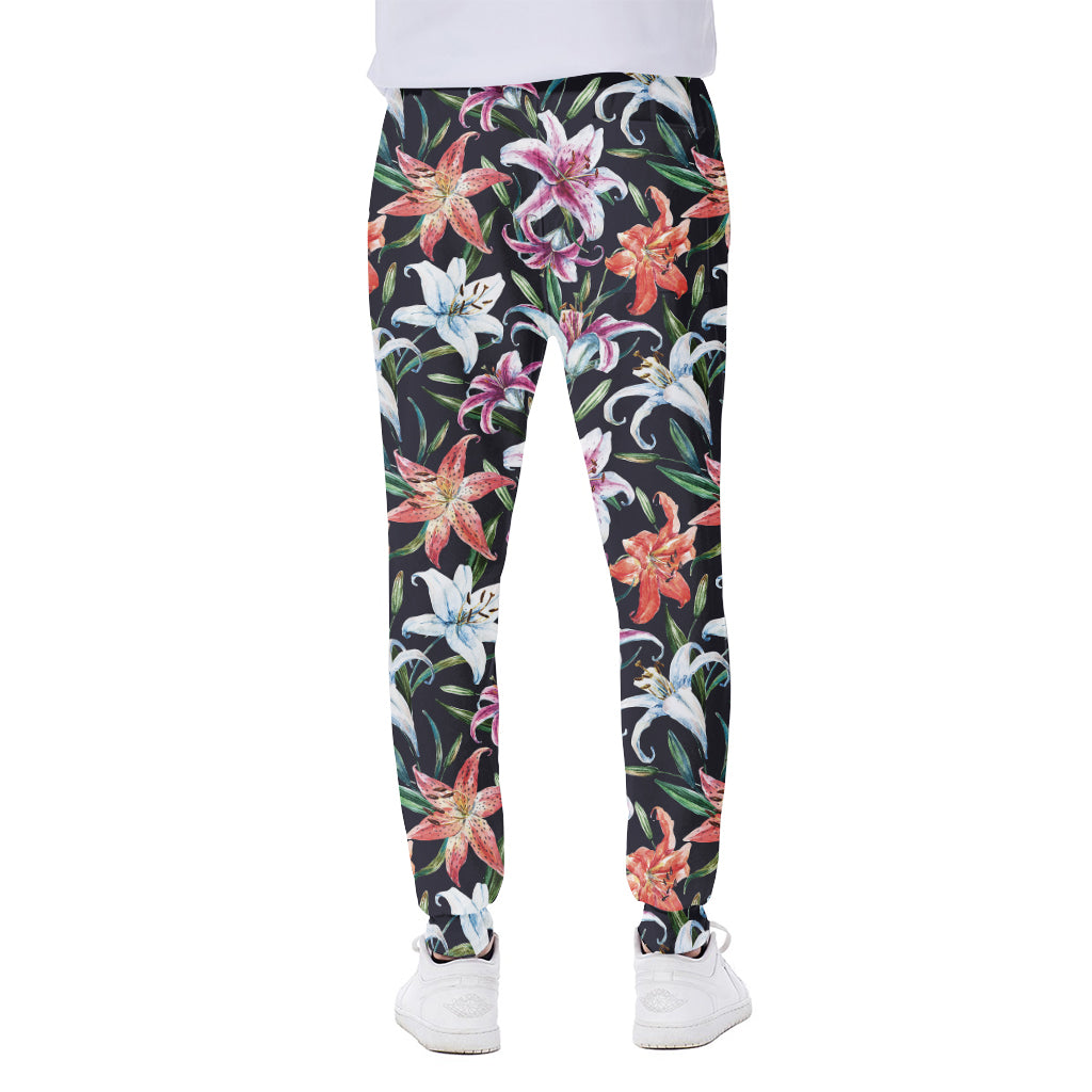 Watercolor Lily Flowers Pattern Print Scuba Joggers