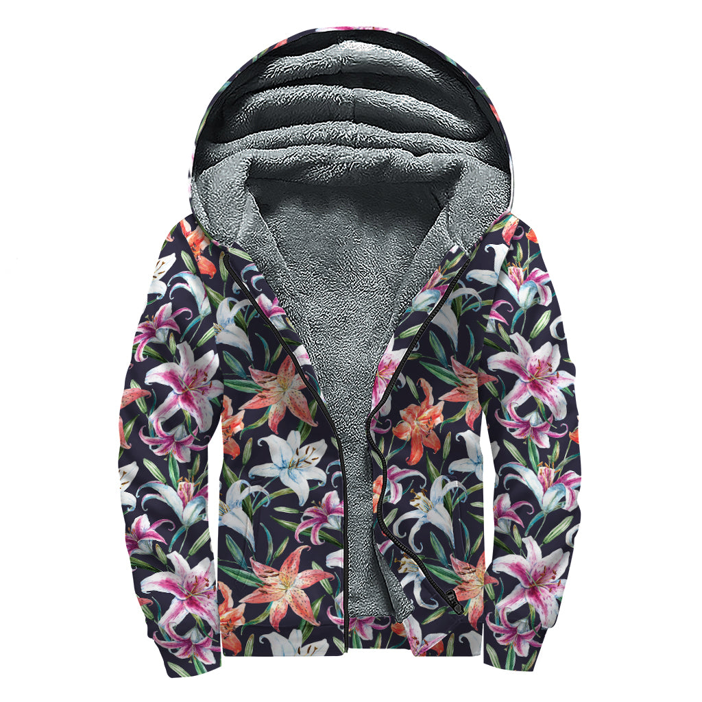 Watercolor Lily Flowers Pattern Print Sherpa Lined Zip Up Hoodie