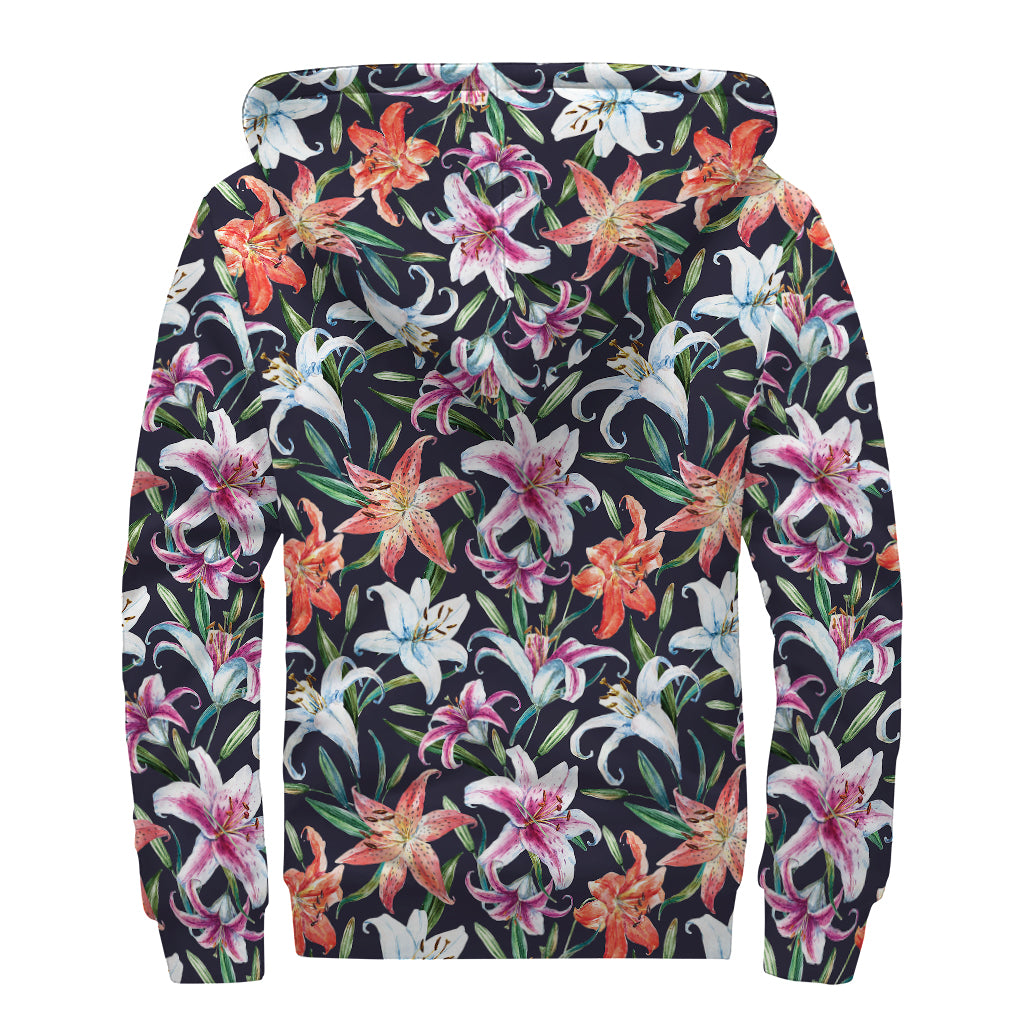 Watercolor Lily Flowers Pattern Print Sherpa Lined Zip Up Hoodie
