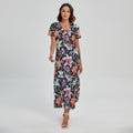 Watercolor Lily Flowers Pattern Print Short Sleeve Maxi Dress