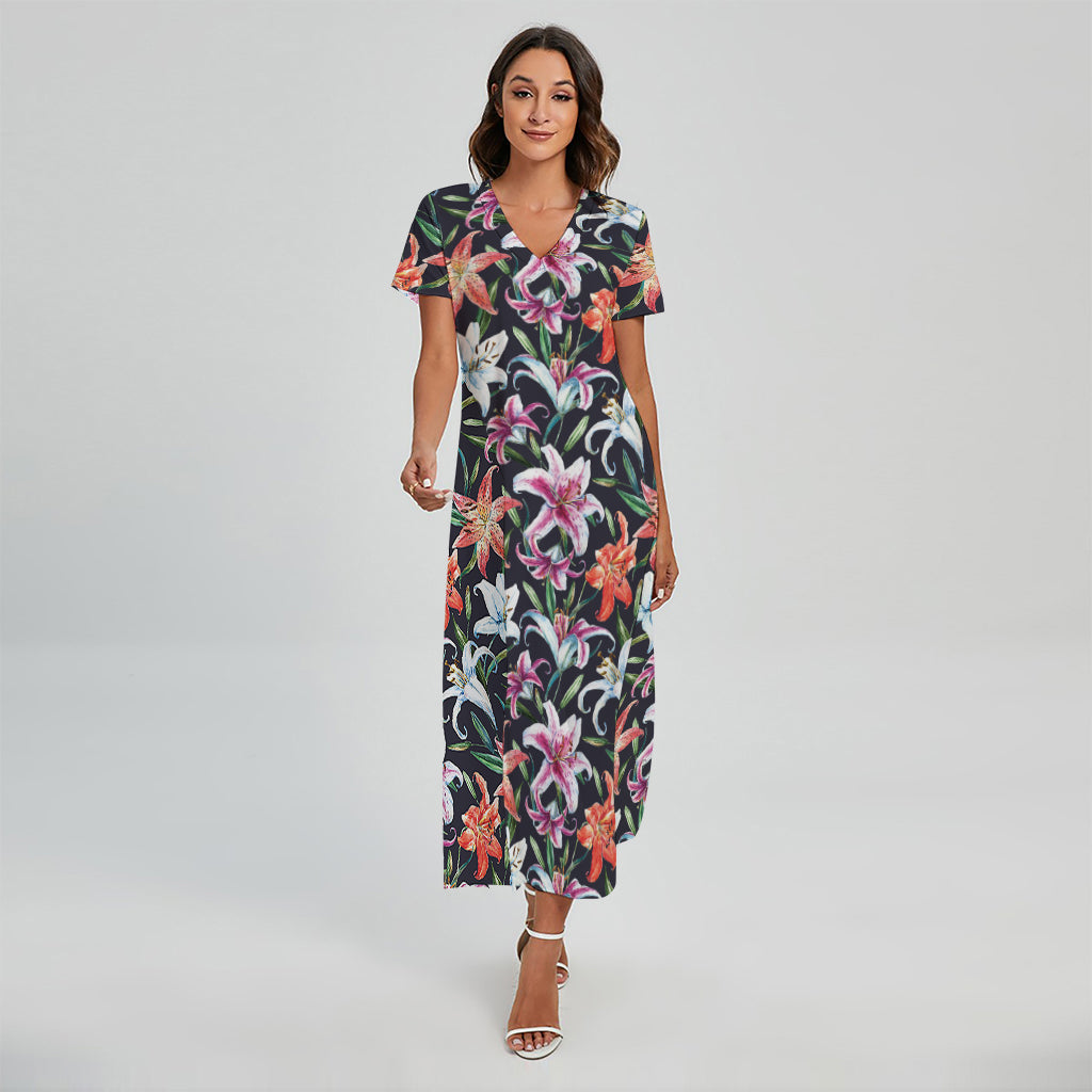 Watercolor Lily Flowers Pattern Print Short Sleeve Maxi Dress