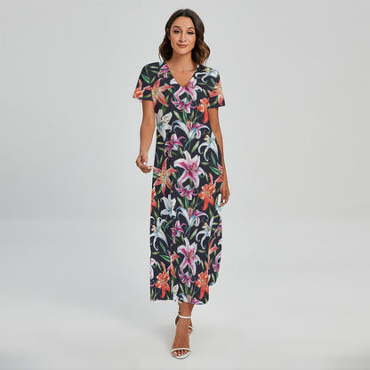 Watercolor Lily Flowers Pattern Print Short Sleeve Maxi Dress