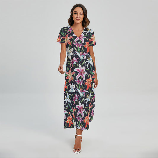 Watercolor Lily Flowers Pattern Print Short Sleeve Maxi Dress