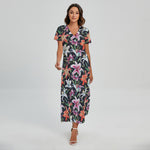 Watercolor Lily Flowers Pattern Print Short Sleeve Maxi Dress