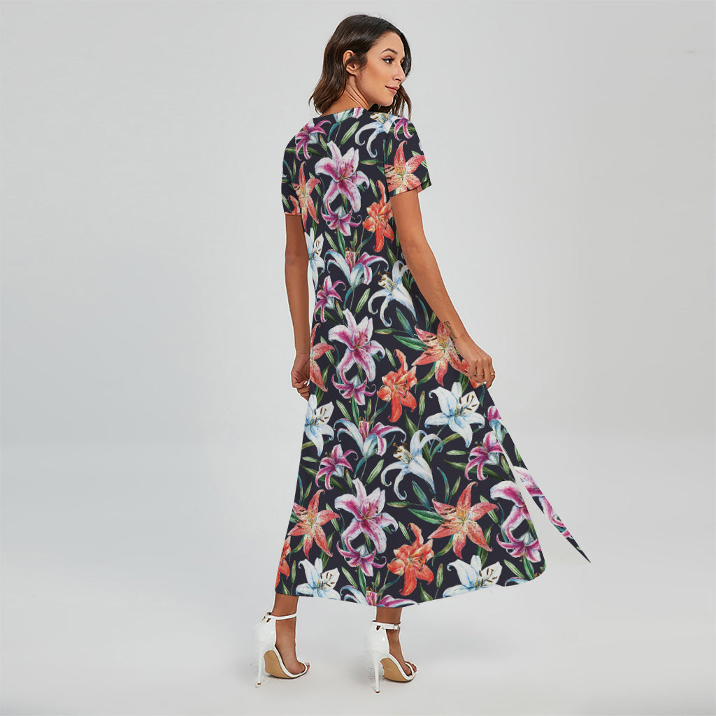 Watercolor Lily Flowers Pattern Print Short Sleeve Maxi Dress
