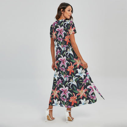 Watercolor Lily Flowers Pattern Print Short Sleeve Maxi Dress