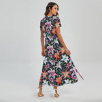 Watercolor Lily Flowers Pattern Print Short Sleeve Maxi Dress