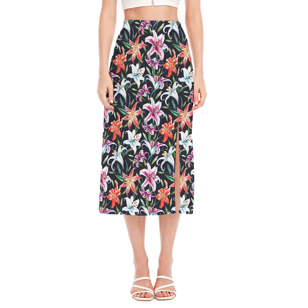 Watercolor Lily Flowers Pattern Print Side Slit Midi Skirt