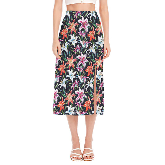 Watercolor Lily Flowers Pattern Print Side Slit Midi Skirt