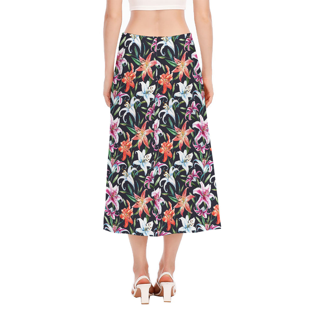Watercolor Lily Flowers Pattern Print Side Slit Midi Skirt