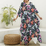 Watercolor Lily Flowers Pattern Print Silk V-Neck Kaftan Dress