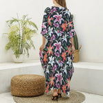Watercolor Lily Flowers Pattern Print Silk V-Neck Kaftan Dress