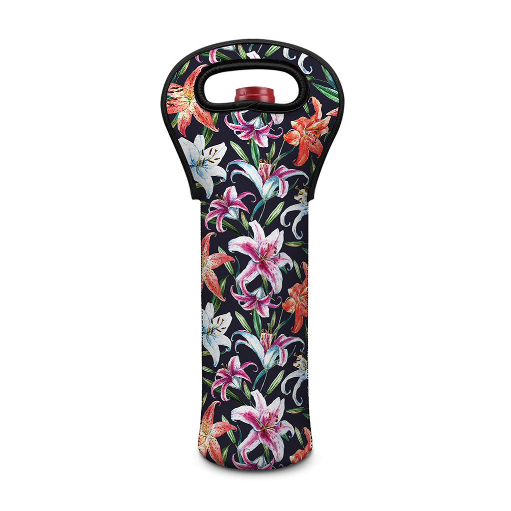 Watercolor Lily Flowers Pattern Print Single Neoprene Wine Tote