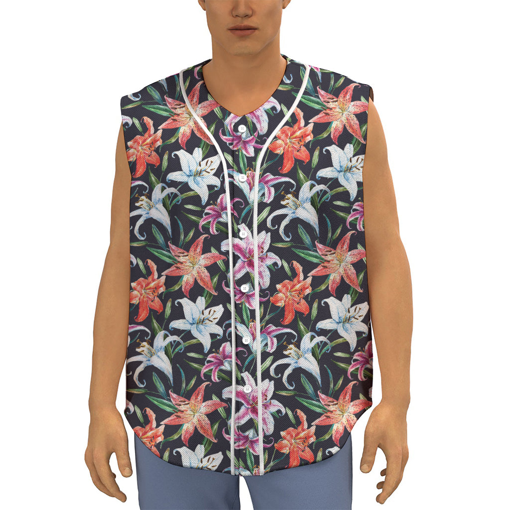 Watercolor Lily Flowers Pattern Print Sleeveless Baseball Jersey