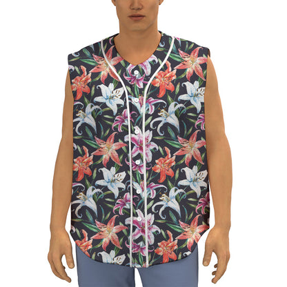 Watercolor Lily Flowers Pattern Print Sleeveless Baseball Jersey