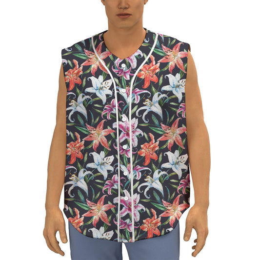 Watercolor Lily Flowers Pattern Print Sleeveless Baseball Jersey