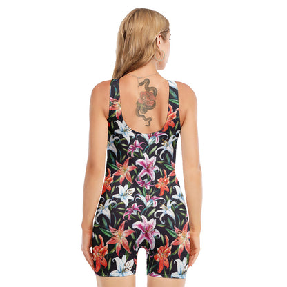 Watercolor Lily Flowers Pattern Print Sleeveless One Piece Swimsuit