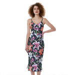 Watercolor Lily Flowers Pattern Print Slim Fit Midi Cami Dress