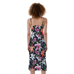 Watercolor Lily Flowers Pattern Print Slim Fit Midi Cami Dress
