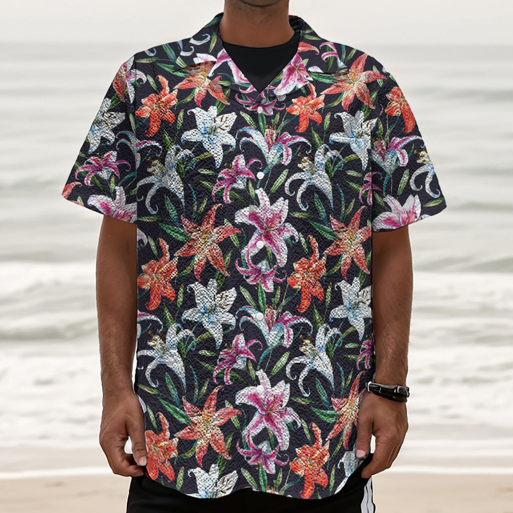 Watercolor Lily Flowers Pattern Print Textured Short Sleeve Shirt