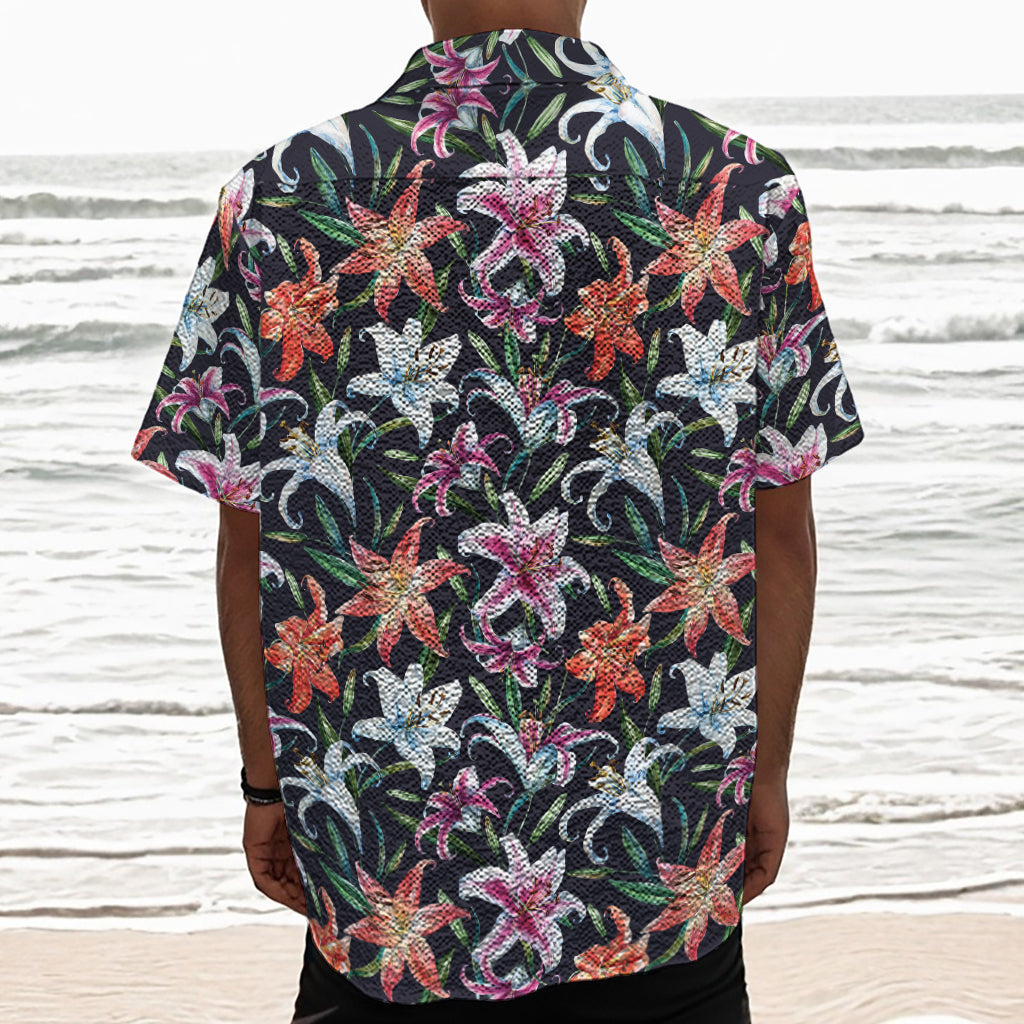 Watercolor Lily Flowers Pattern Print Textured Short Sleeve Shirt