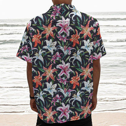 Watercolor Lily Flowers Pattern Print Textured Short Sleeve Shirt