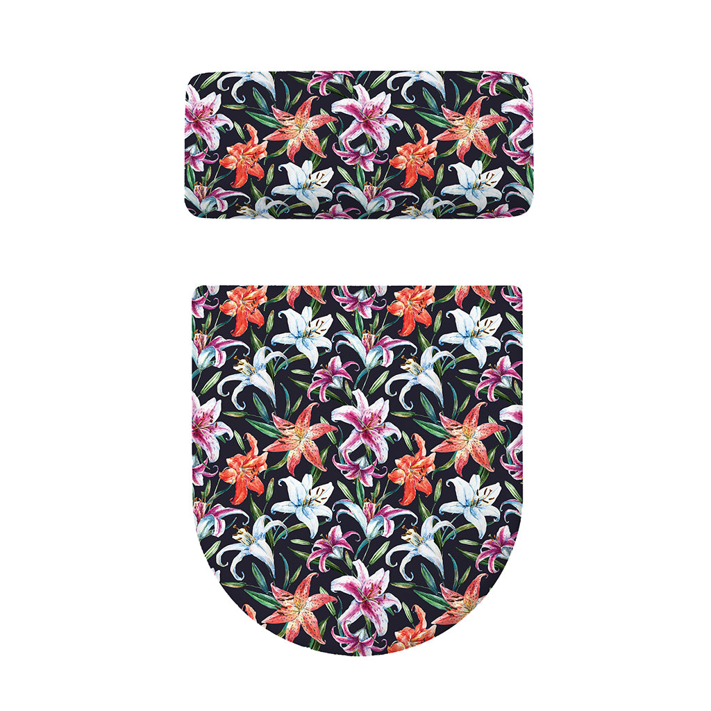 Watercolor Lily Flowers Pattern Print Toilet Lid And Tank Cover Set
