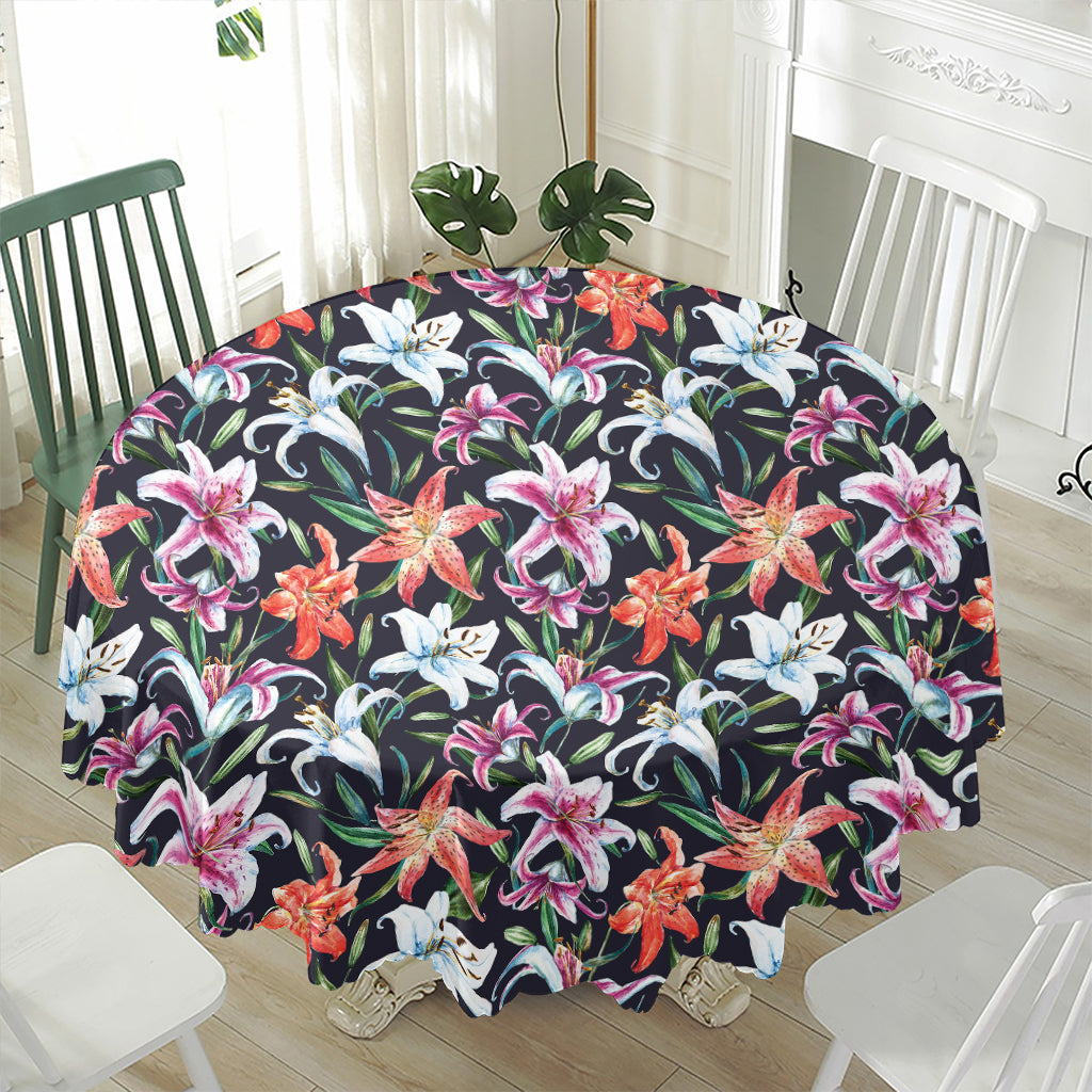 Watercolor Lily Flowers Pattern Print Waterproof Round Tablecloth