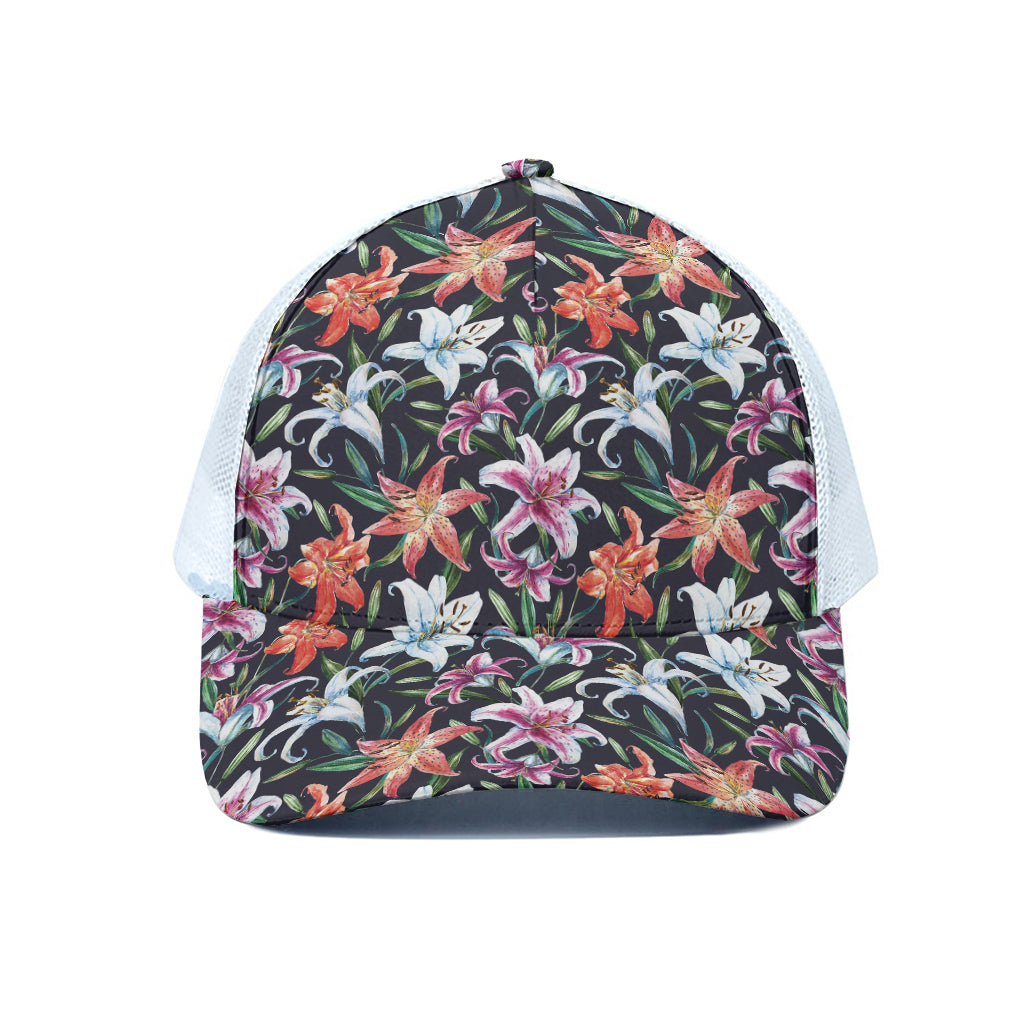 Watercolor Lily Flowers Pattern Print White Mesh Trucker Cap