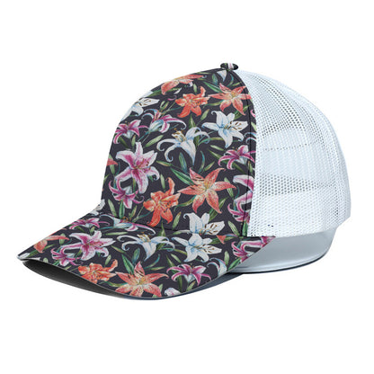 Watercolor Lily Flowers Pattern Print White Mesh Trucker Cap