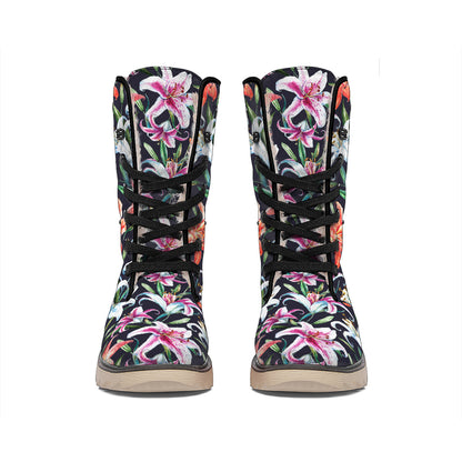 Watercolor Lily Flowers Pattern Print Winter Boots