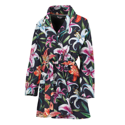 Watercolor Lily Flowers Pattern Print Women's Bathrobe