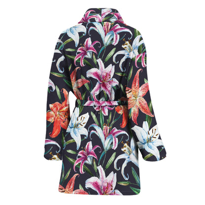 Watercolor Lily Flowers Pattern Print Women's Bathrobe