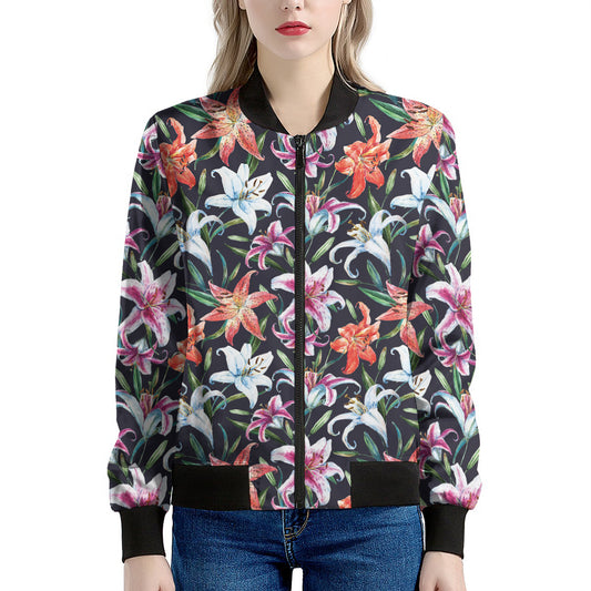 Watercolor Lily Flowers Pattern Print Women's Bomber Jacket
