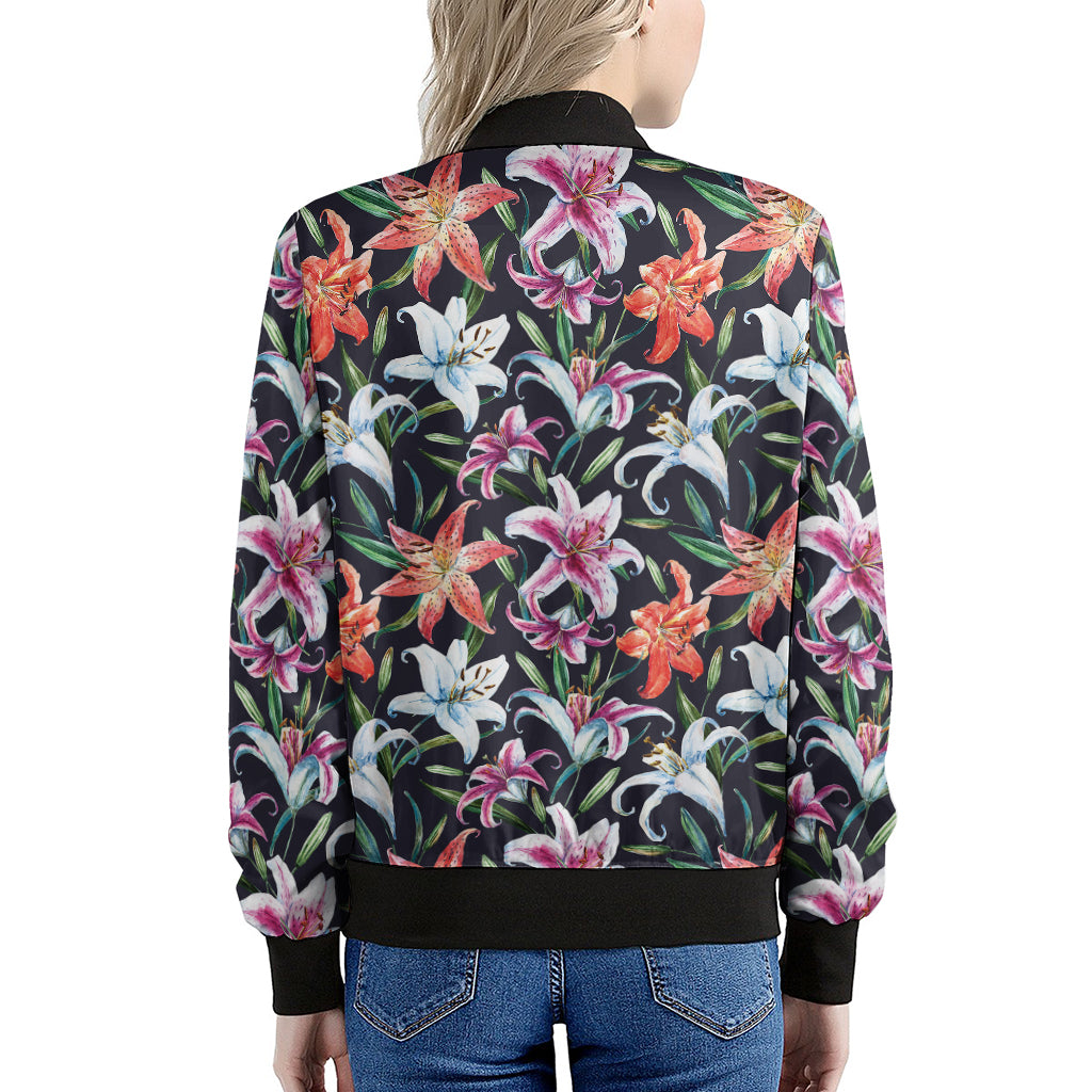 Watercolor Lily Flowers Pattern Print Women's Bomber Jacket