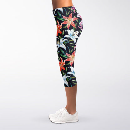 Watercolor Lily Flowers Pattern Print Women's Capri Leggings