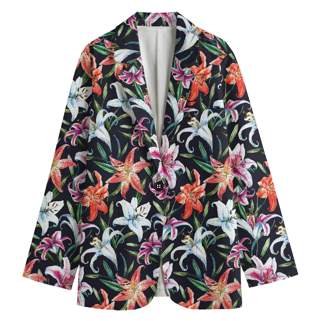 Watercolor Lily Flowers Pattern Print Women's Cotton Blazer