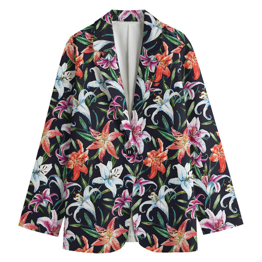 Watercolor Lily Flowers Pattern Print Women's Cotton Blazer