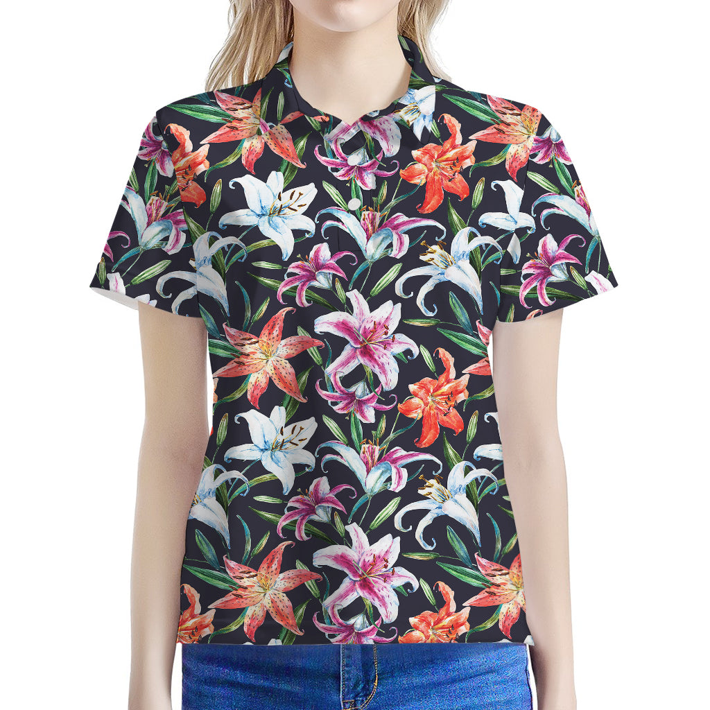 Watercolor Lily Flowers Pattern Print Women's Polo Shirt