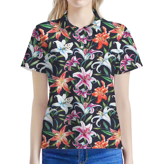 Watercolor Lily Flowers Pattern Print Women's Polo Shirt