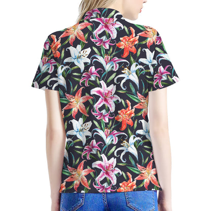 Watercolor Lily Flowers Pattern Print Women's Polo Shirt